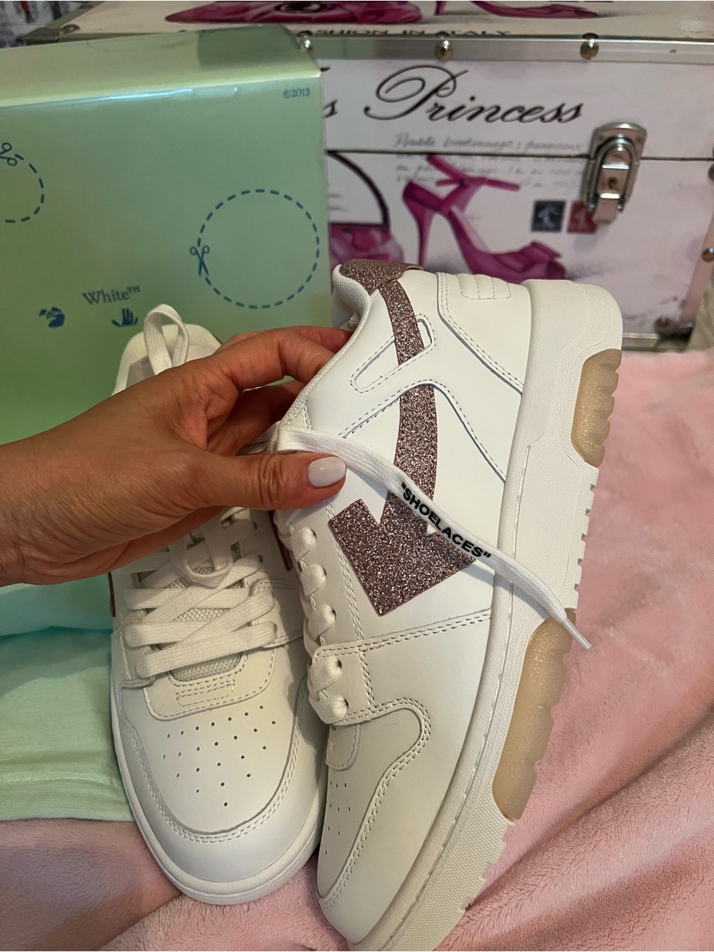 Off-White Women's White Sneakers with Rose-Glitter Accent